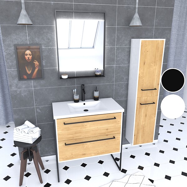 AURLANE - Meuble Salle de Bains 80 cm, Vasque Blanche, Miroir Led et Colonne - Blanc et Chêne - STRUCTURA - large
