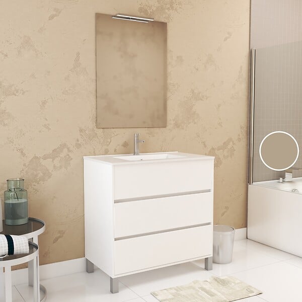 AURLANE - Pack Meuble Salle de Bains 80cm Blanc 3 Tiroirs, Vasque, Miroir 60x80 et réglette Led - XENOS - large