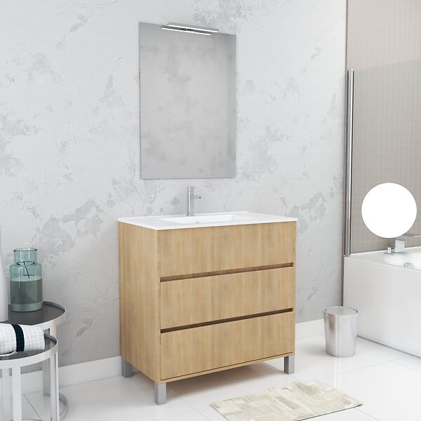 AURLANE - Pack Meuble Salle de Bains 80cm Chêne Clair 3 Tiroirs, Vasque, Miroir 60x80 et réglette Led - XENOS - large