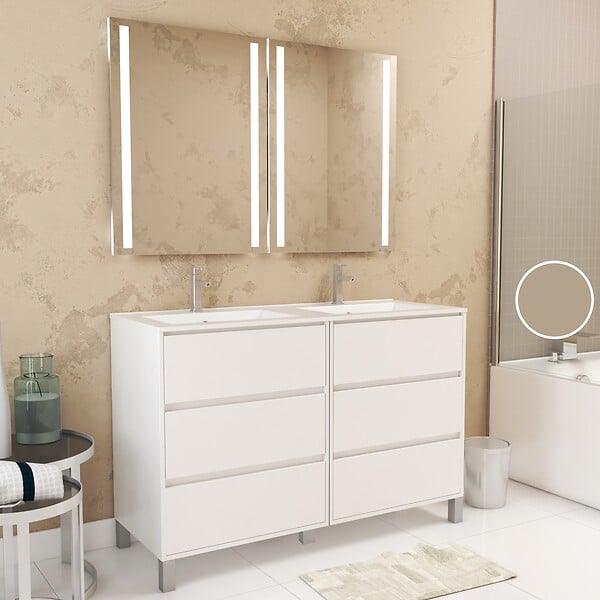 AURLANE - Meuble Salle de Bains 120 cm Laqué Blanc 6 Tiroirs, Vasque, Miroirs 60x80 à Leds intégrées - XENOS - large