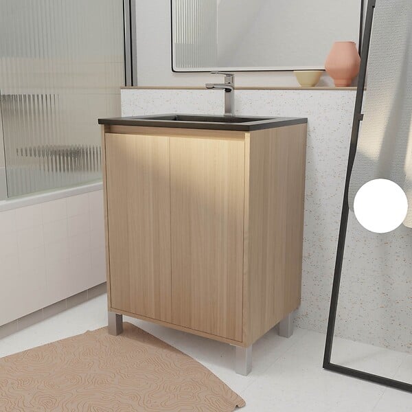 AURLANE - Meuble de salle de bains 60 cm 2 Portes Chêne Clair + Vasque Céramique Noire - XENOS - large