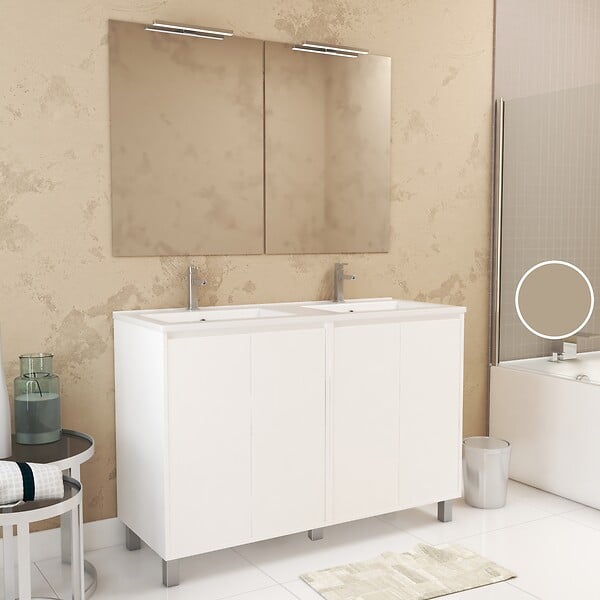 AURLANE - Meuble Salle de Bains 120 cm Laqué Blanc 4 Portes, Vasque, Miroirs 60x80 et Réglettes Led - XENOS - large