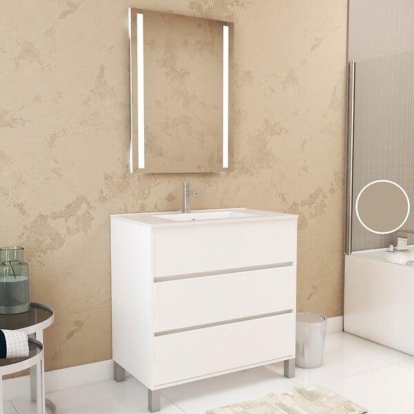 AURLANE - Pack Meuble Salle de Bains 80cm Blanc 3 Tiroirs, Vasque, Miroir 60x80 à Leds intégrées - XENOS - large