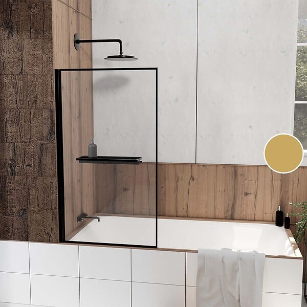 AURLANE - Pare baignoire Rabattable 80x140 cm en Verre Trempé - Porte-Serviette et Etagère Noir Mat - large