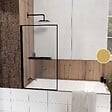 AURLANE - Pare baignoire Rabattable 80x140 cm en Verre Trempé - Porte-Serviette et Etagère Noir Mat - vignette