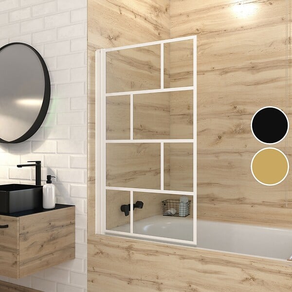 AURLANE - Pare Baignoire Rabattable 80x140cm - Sérigraphie Briques Blanches - Verre Trempé 4mm - large