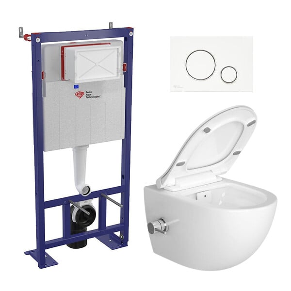 SWISS AQUA TECHNOLOGIES - Pack WC bâti-autoportant + WC sans bride Infinitio fonction bidet thermostatique + Abattant softclose + Plaque blanche/chrome - large