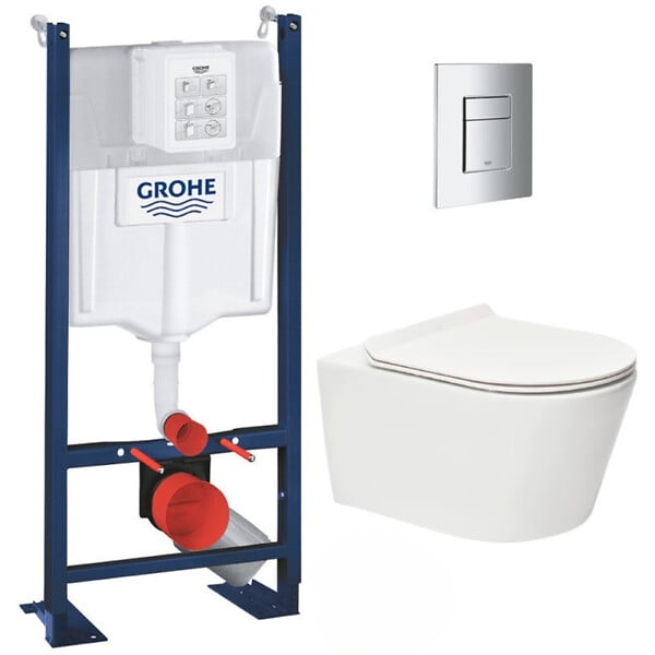 GROHE - Pack WC Bâti autoportant + WC sans bride SAT Brevis + Abattant ultra-fin softclose + Plaque chrome (ProjectBrevis-1) - large