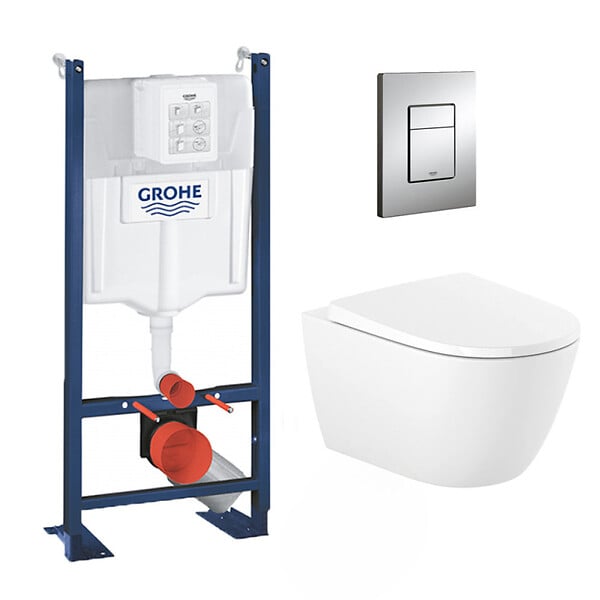 GROHE - Pack WC autoportant avec cuvette Roca sans bride et fixations invisibles + abattant Soft Close + Plaque chrome (ProjectOna-1) - large