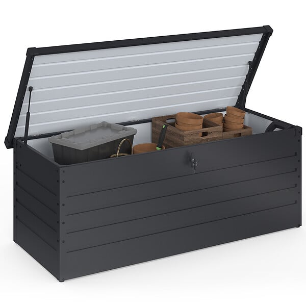 ID MARKET - Coffre de rangement métal verrouillable gris anthracite pour jardin 600L 165x70x63 cm - large