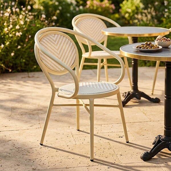 OVIALA - Chaise de terrasse style bistrot parisien aluminium et rotin beige - Villiers - large