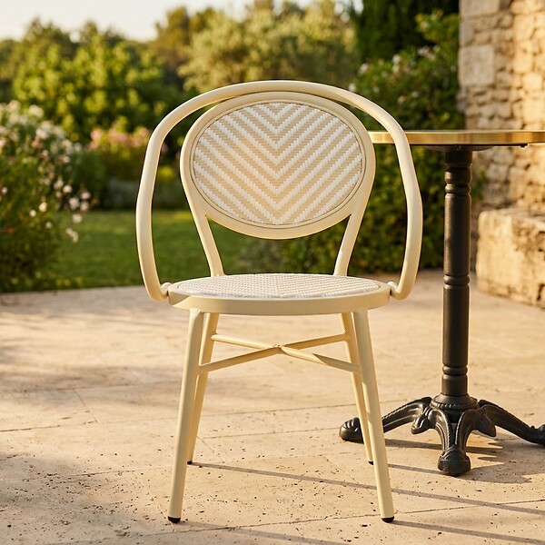 OVIALA - Chaise de terrasse style bistrot parisien aluminium et rotin beige - Villiers - large