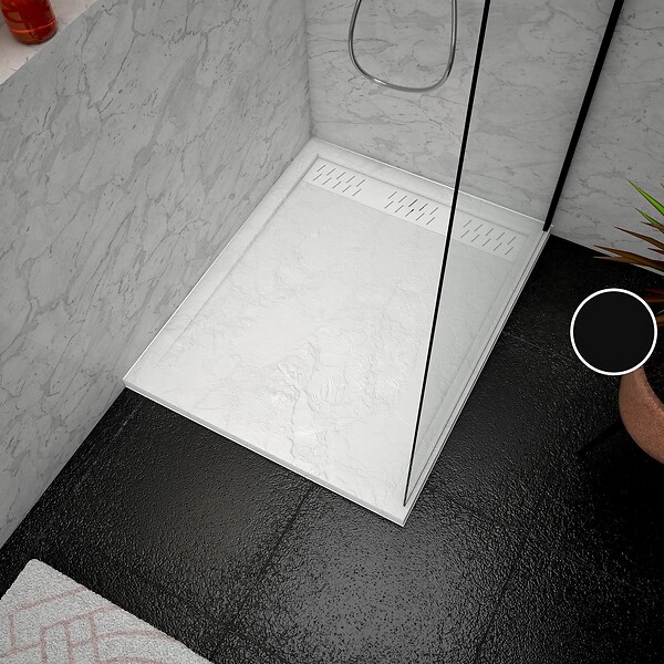 AURLANE - Receveur en acrylique Blanc Effet Pierre 80x100x4 cm + Grilles Linéaires Chrome et Blanche Mate - large