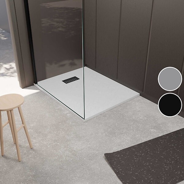 AURLANE - Receveur de douche Blanc Effet Pierre 80x100 cm et Grille décor Linéaire Noire Mate - large