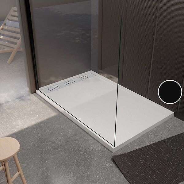 AURLANE - Receveur de douche en résine blanc 80x140x3 cm effet pierre granit + grille linéaire blanche mate - large