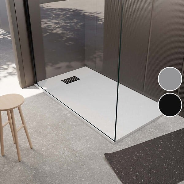 AURLANE - Receveur de douche Blanc Effet Pierre 90x140 cm et Grille décor Linéaire Noire Mate - large