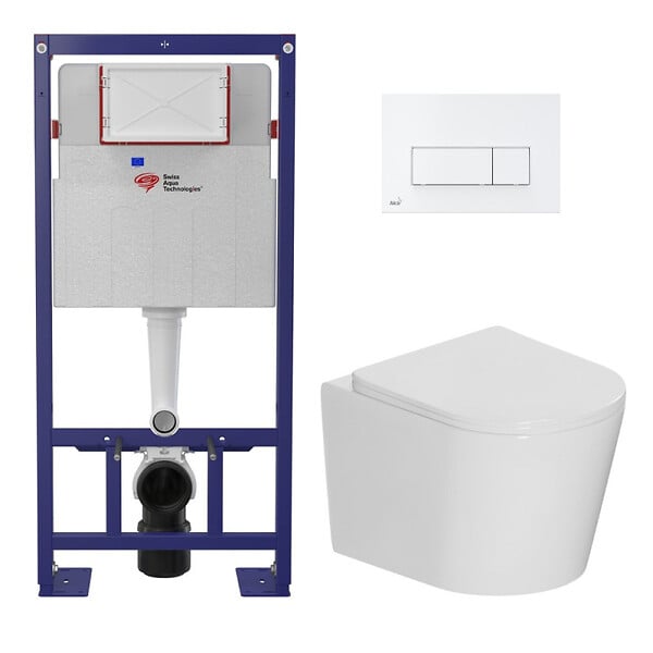 SWISS AQUA TECHNOLOGIES - Pack WC bâti-support autoportant SAT + WC suspendu sans bride Ceramia + abattant SoftClose + plaque blanche (SMART-CETOR-4) - large