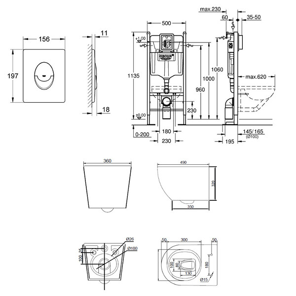 GROHE - Rapid SL Pack WC bâti autoportant + WC suspendu sans bride Ceramia avec abattant SoftClose + plaque blanche (GRRCEPXWR05FR-FS) - large