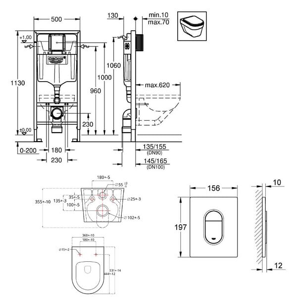 GROHE - Pack Rapid sl+ plaque arena chrome+ Fixations murales + set d'isolation phonique + WC suspendu sans bride (ArenaBrevis) - large