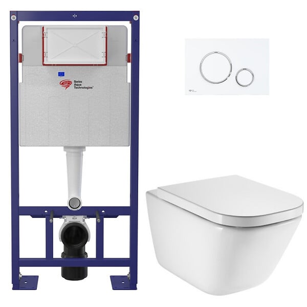 SWISS AQUA TECHNOLOGIES - Pack WC bâti-support autoportant + WC suspendu sans bride avec abattant SoftClose + plaque blanc/chrome (STROGAWR06-U) - large