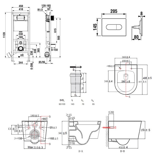 ROCA - Pack WC suspendu complet avec bâti-support Roca, cuvette compacte sans bride et abattant soft-close - large