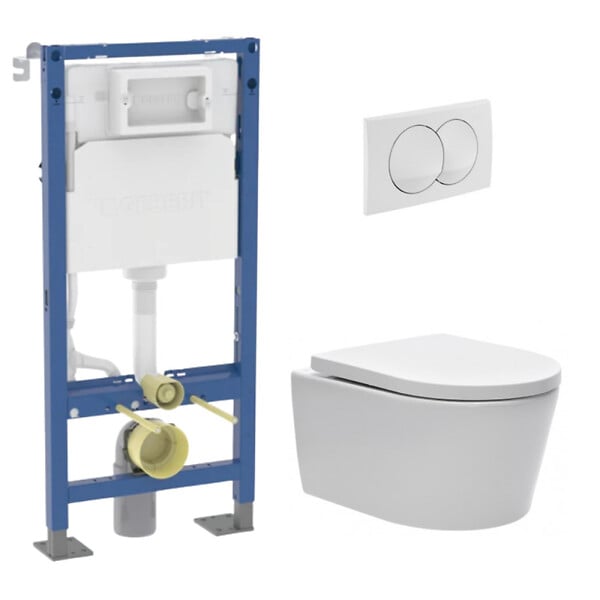GEBERIT - Duofix Pack WC bâti autoportant + WC sans bride + abattant SoftClose Swiss Aqua Technologies + plaque (GEBSTBRWR03MAN-FR) - large