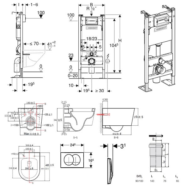 GEBERIT - Duofix Pack WC bâti autoportant + WC sans bride + abattant SoftClose Swiss Aqua Technologies + plaque (GEBSTBRWR03MAN-FR) - large