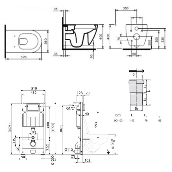 VILLEROY & BOCH - Pack WC Bâti-support Villeroy & Boch Viconnect + WC sans bride, fixations invisibles + Abattant frein de chute + Plaque Blanche - large