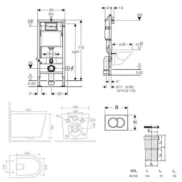GEBERIT - Pack WC bâti-support Duofix UP100 + WC suspendu Ceramia Vortex rimless + abattant SoftClose + plaque blanche (GEBCE14WT01FR-FS) - large
