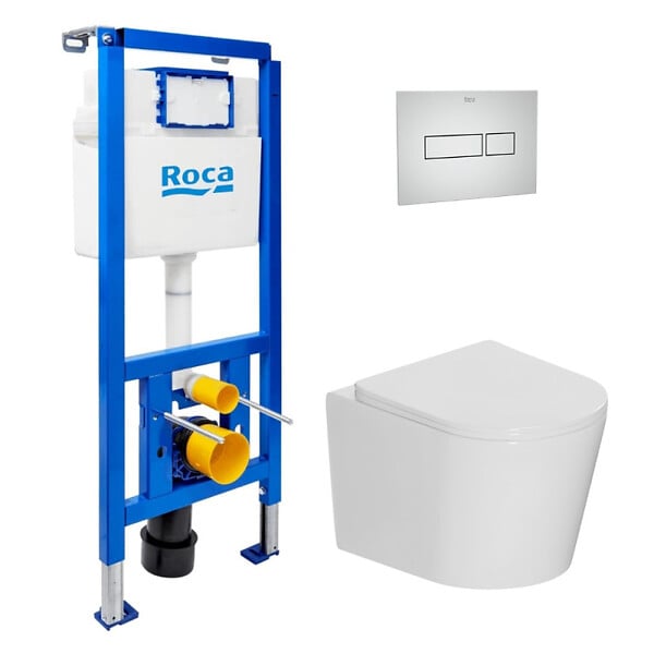 ROCA - Pack WC bâti-support + WC suspendu sans bride Ceramia avec abattant SoftClose + plaque (ROCE14WT05-FR) - large