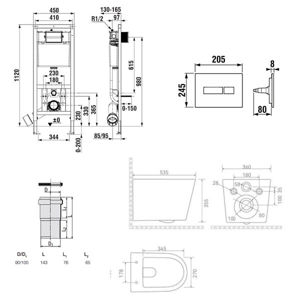 ROCA - Pack WC bâti-support + WC suspendu sans bride Ceramia avec abattant SoftClose + plaque (ROCE14WT05-FR) - large