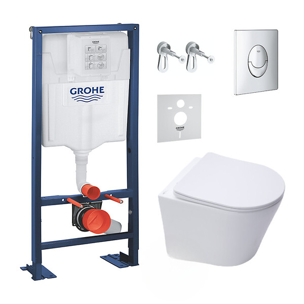 GROHE - Pack WC Bati support autoportant + Cuvette SAT sans bride + Abattant Soft close + Plaque chrome (Autoportant-Infinitio-2) - large