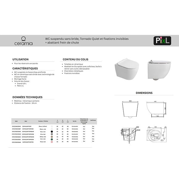 CERAMIA - PixL WC suspendu en céramique Vortex , fixations invisibles + abattant Soft-Close, Gris mat (CEPX010RTORPGRM) - large