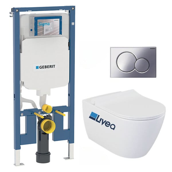 GEBERIT - Pack WC Bati-support Geberit extra-plat UP720 + Cuvette suspendue sans bride Livea Bello + Abattant frein de chute + Plaque chro - large