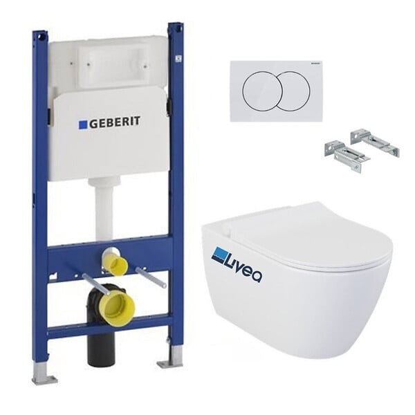 GEBERIT - Pack WC Bati-support Geberit Duofix + Cuvette suspendue sans bride Livea Bello + Abattant soft close + Plaque Blanche (BelloGeb3 - large