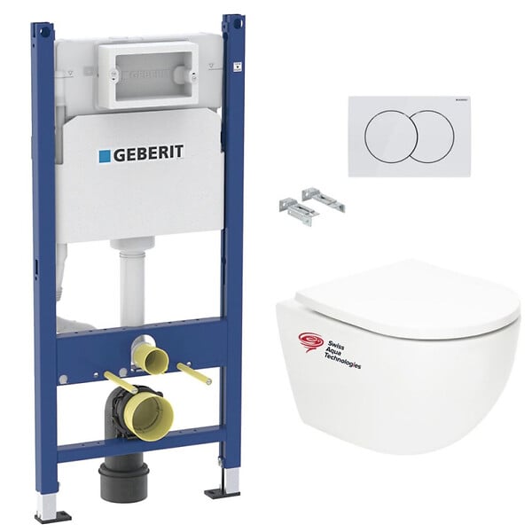GEBERIT - Pack WC Bâti support Geberit + WC Swiss Aqua Technologies Vortex sans bride + abattant SoftClose + plaque (VORTEXGEB3) - large
