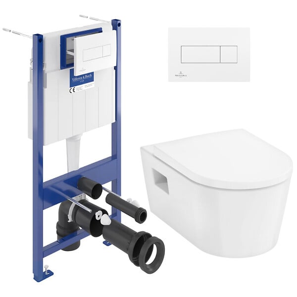 VILLEROY & BOCH - Pack WC Bâti-support Villeroy & Boch + WC sans bride Hansgrohe EluPura + Abattant softclose + Plaque Blanche (VCNPURAS2) - large