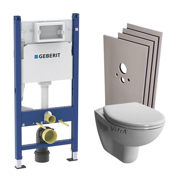 GEBERIT - Pack WC Bati-support Geberit + WC sans bride Vitra Normus SpinFlush + Abattant softclose + Plaque blanche + Set d'habillage - large