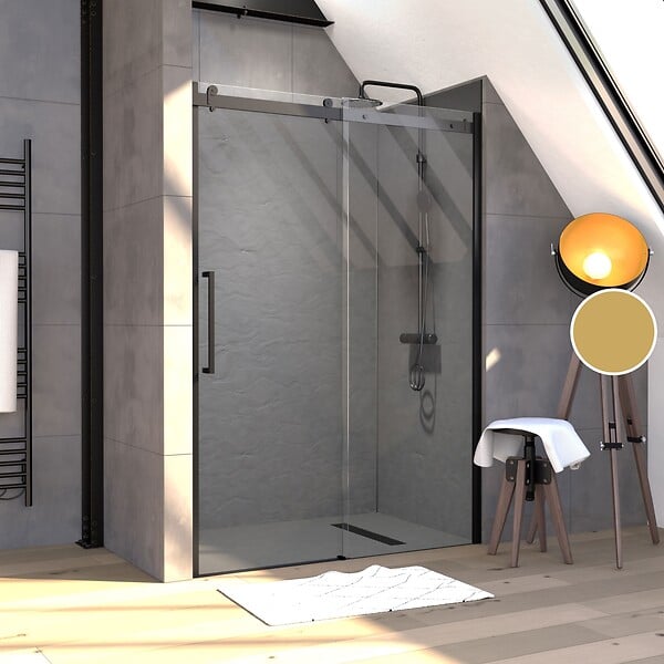 AURLANE - Porte de douche 140x200cm type industriel coulissante NOIR MAT - verre trempe 8mm - large