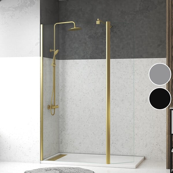 AURLANE - Paroi de Douche et Volet Pivotant 100+40x200 cm - Profilé + Barre de Fixation Or Doré Brossé - large