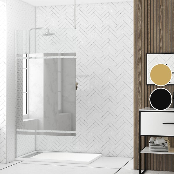 AURLANE - Paroi de Douche 100x200cm Miroir - Profilé + Barre Plafond Finition Chrome - FREEDOM 2 MIRROR - large
