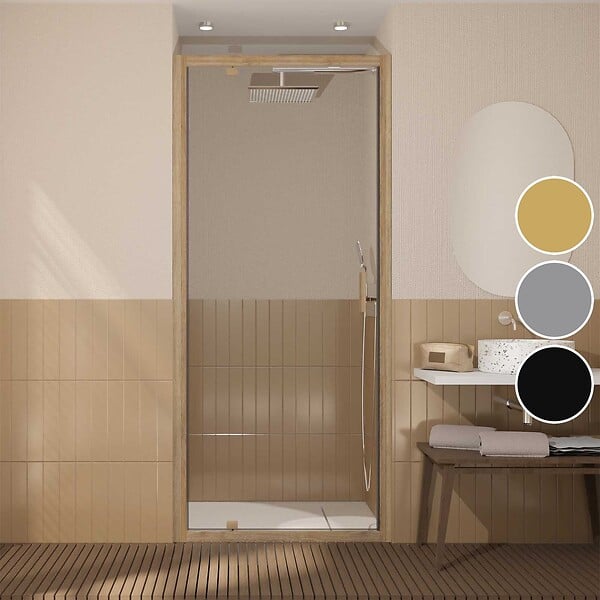 AURLANE - Porte de douche Pivotante 90x200cm - Profilés Aluminium effet Bois - Verre 6mm - WOOD CRUSH - large