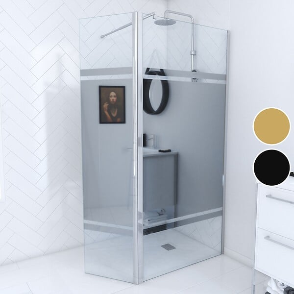 AURLANE - Paroi de Douche et Volet Pivotant 90+40x200 cm - Bandeau Miroir - Barre de Fixation Chrome - large