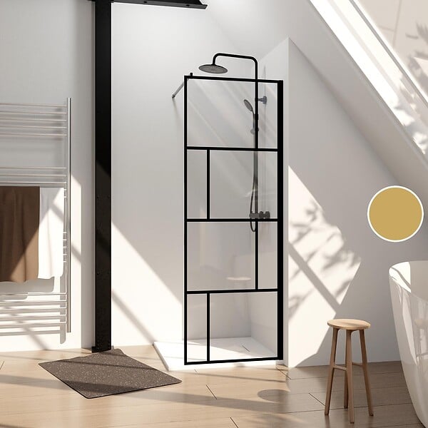 AURLANE - Paroi de Douche à l'Italienne Serigraphie type Briques - 70x195cm - Profile Noir Mat - Verre 5mm - large