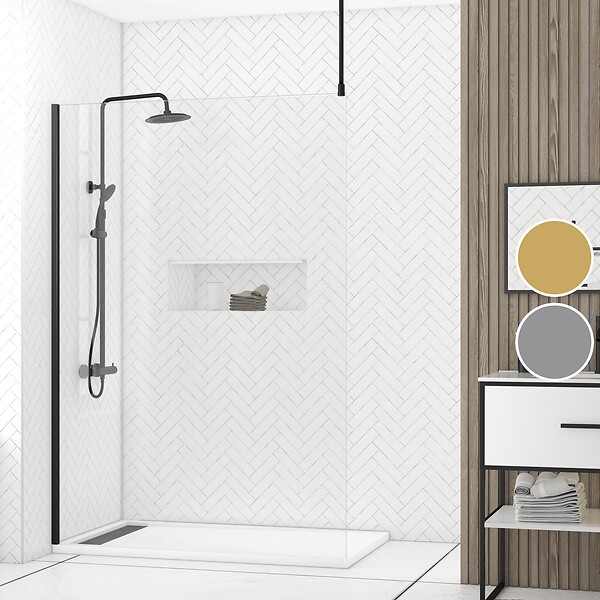 AURLANE - Paroi de Douche 140x200cm Verre Transparent - Profilé + Barre Plafond Noire - FREEDOM 2 BLACK - large