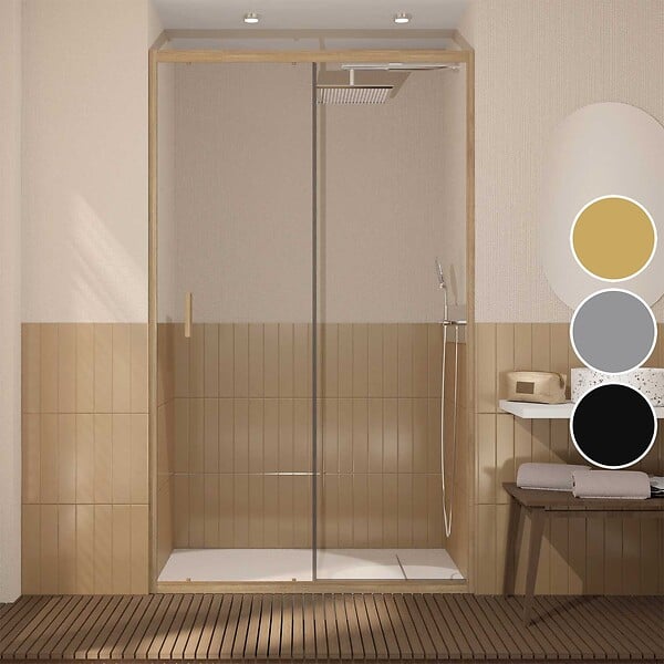 AURLANE - Porte de douche Coulissante 120x200cm - Profilés Aluminium effet Bois - Verre 6mm - WOOD CRUSH - large