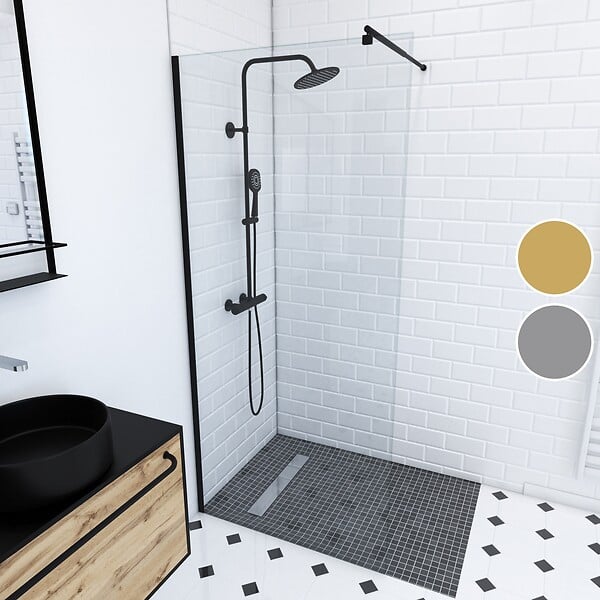 AURLANE - Paroi de Douche 90x200cm Verre Transparent - Barre de Fixation Extensible et Profil Noir - large