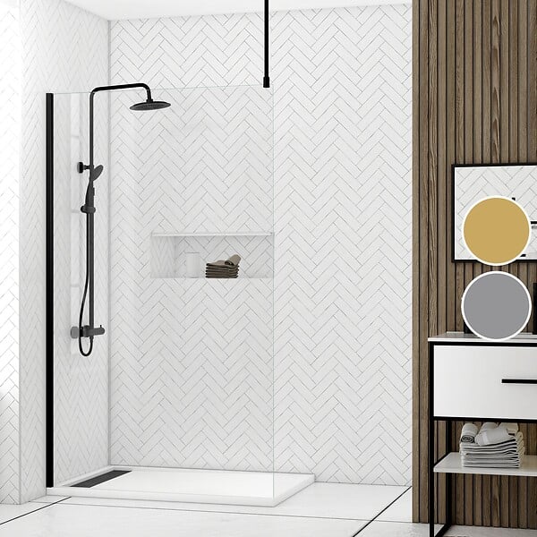 AURLANE - Paroi de Douche 120x200cm Verre Transparent - Profilé + Barre Plafond Noire - FREEDOM 2 BLACK - large