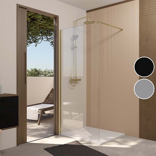 AURLANE - Paroi de Douche 90x195 cm en Verre Trempé 5 mm - Finition Or Brossé - GOLD ELEMENTARY - large