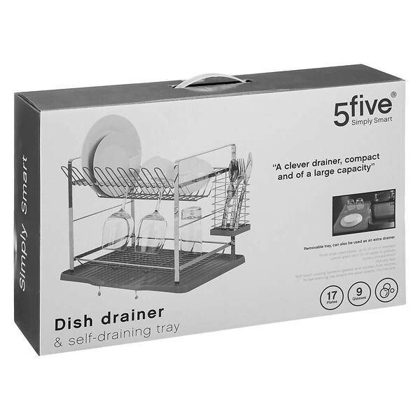 5 FIVE SIMPLY SMART - Égouttoir métal 2 niveaux avec plateau gris - large